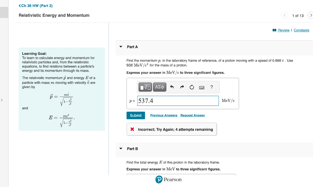 Solved p, in the laboratory frame of reference, of a proton