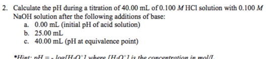 Solved 2. Calculate the pH during a titration of 40.00 mL of | Chegg.com