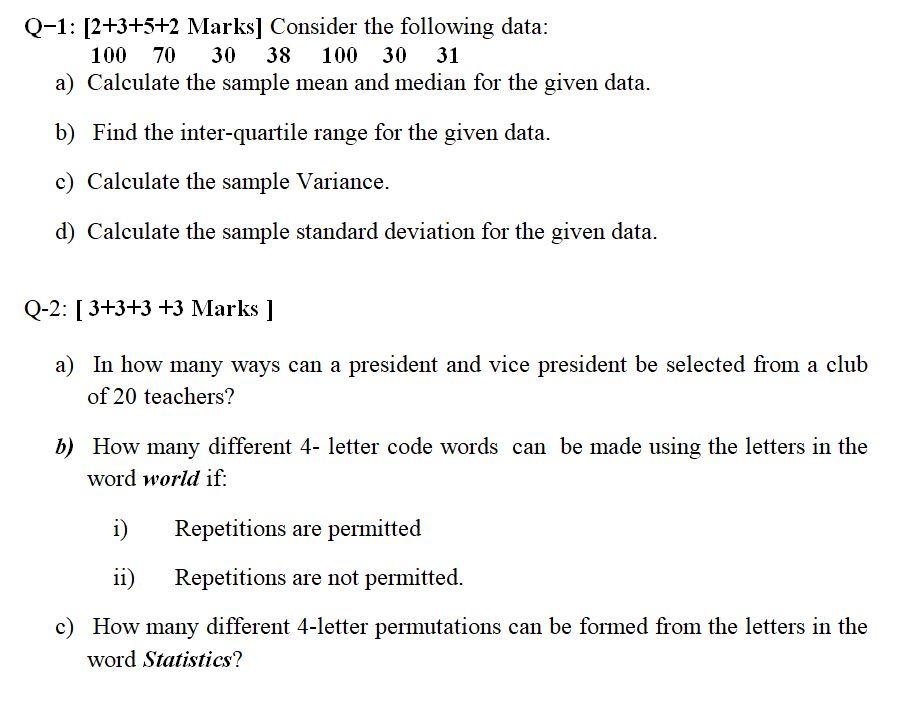 Solved Q−1:[2+3+5+2 Marks] Consider the following data: | Chegg.com