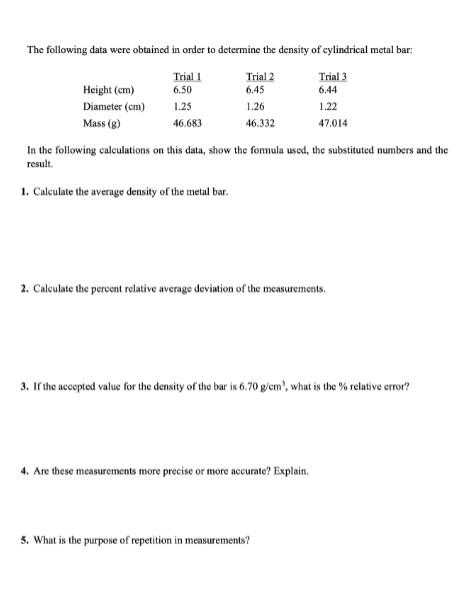 Solved The following data were obtained in order to | Chegg.com