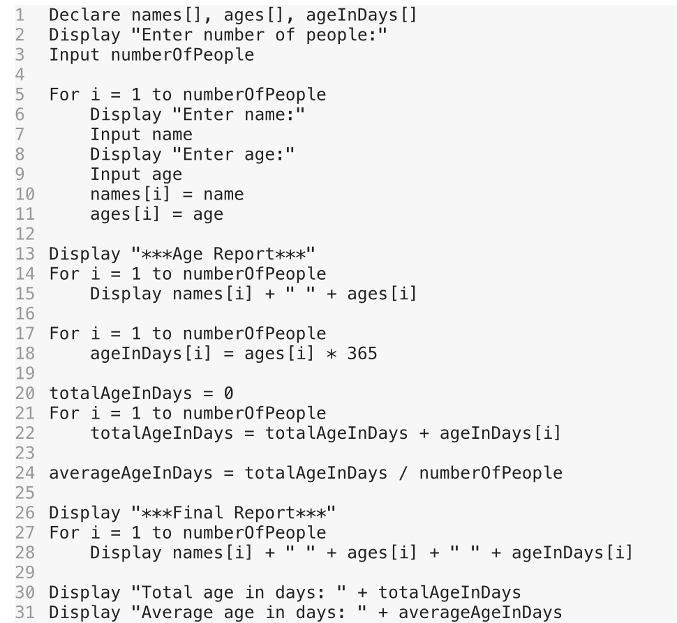 Solved Declare names [], ages [], ageInDays [] Display | Chegg.com