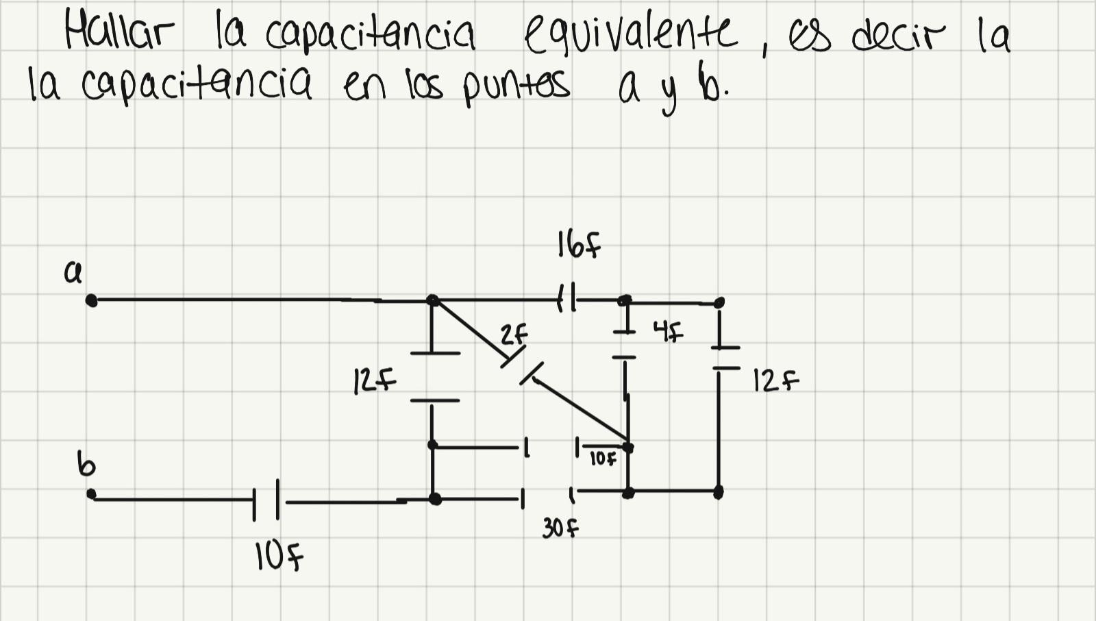 Hallar la capacitancia equivalente, es decir la la capacitancia en los puntes ay b. 16f a 12F b 10F 2f 30 f 105 H 45 12F