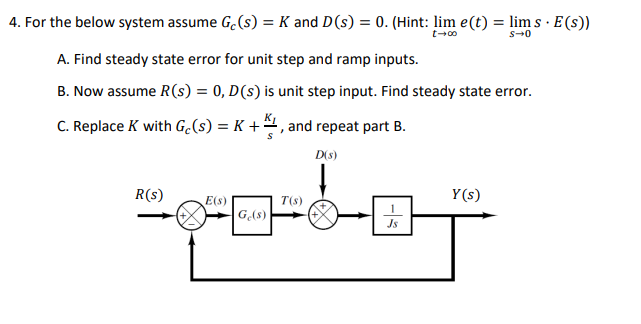 Solved 4. For the below system assume G(s) = K and D(s) = 0. | Chegg.com