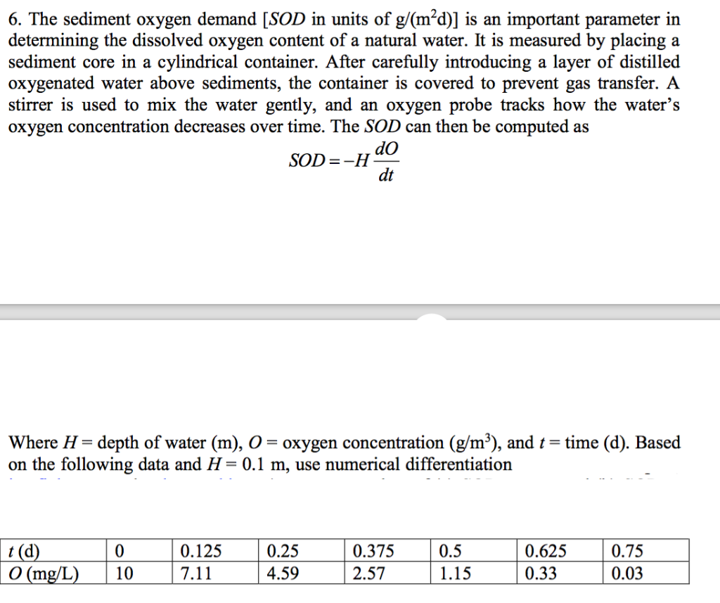 Solved 6 Sediment Oxygen Demand Sod Units G M2d Determining Dissolved Oxygen Content Natural Wate Q