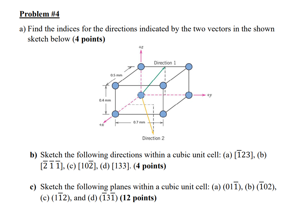 a) Find the indices for the directions indicated by the two vectors in the shown sketch below (4 points)
b) Sketch the follow