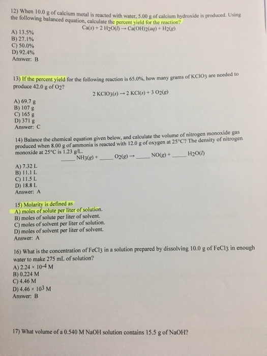 Solved 12) When 10.0 g of calcium metal is reacted with | Chegg.com