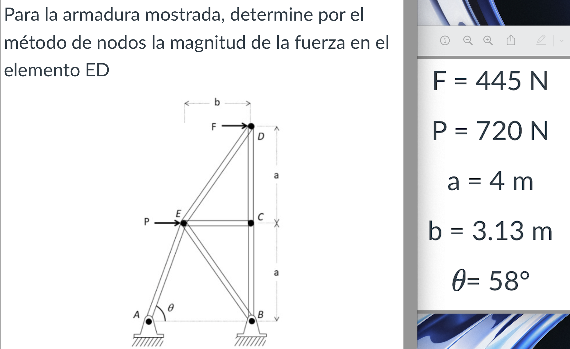 Para la armadura mostrada, determine por el método de nodos la magnitud de la fuerza en el elemento ED \[ \begin{array}{c} F=