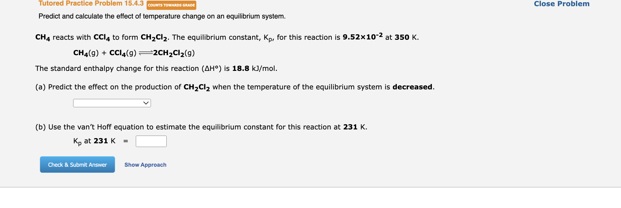 Solved CH4 reacts with CCl4 to form CH2Cl2. The equilibrium | Chegg.com