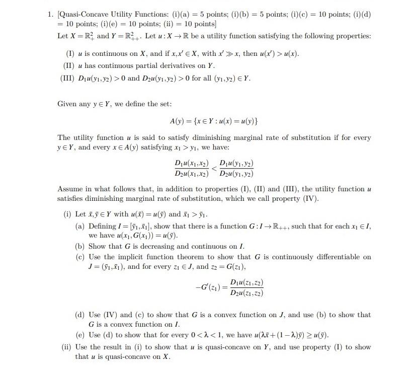 1. (Quasi-Concave Utility Functions: (i)(a) = 5 | Chegg.com