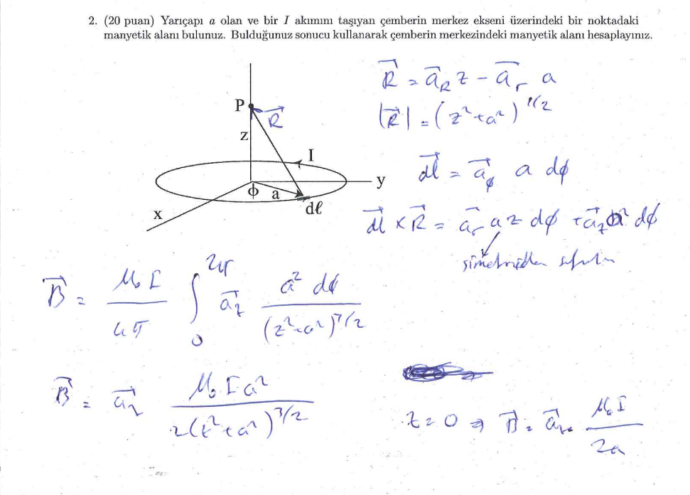 2. (20 puan) Yar?çap? \( a \) olan ve bir \( I \) ak?mm? ta??yan çemberin merkez ekseni üzerindeki bir noktadaki manyetik ala