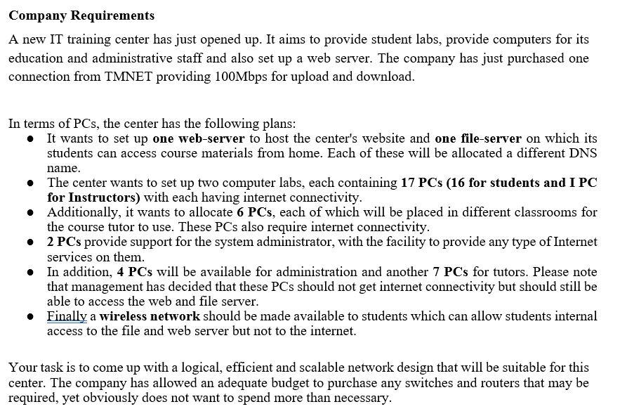 Solved Company Requirements A new IT training center has | Chegg.com
