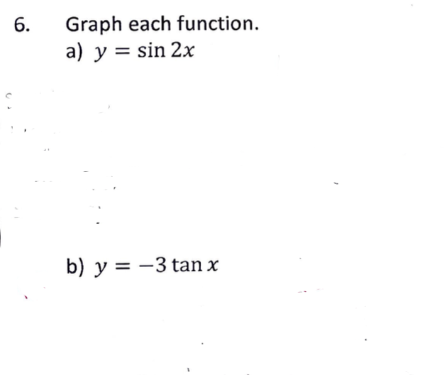 Graph each function. a) \( y=\sin 2 x \) b) \( y=-3 \tan x \)