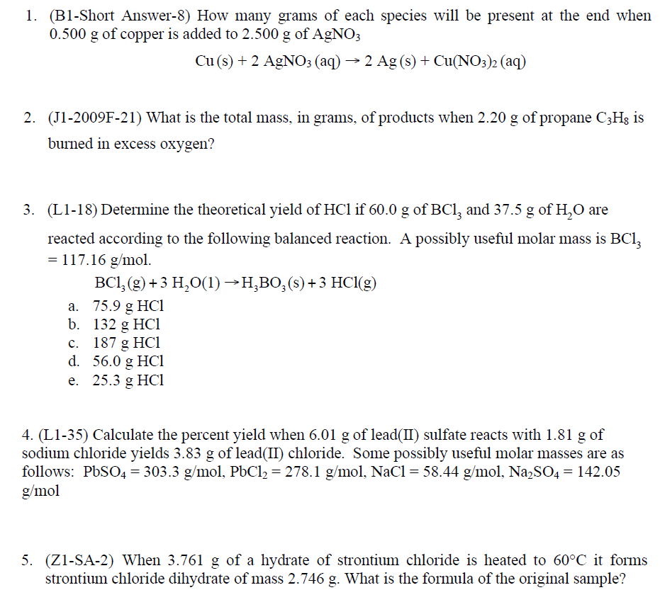 Solved 1. (B1-Short Answer-8) How many grams of each species | Chegg.com