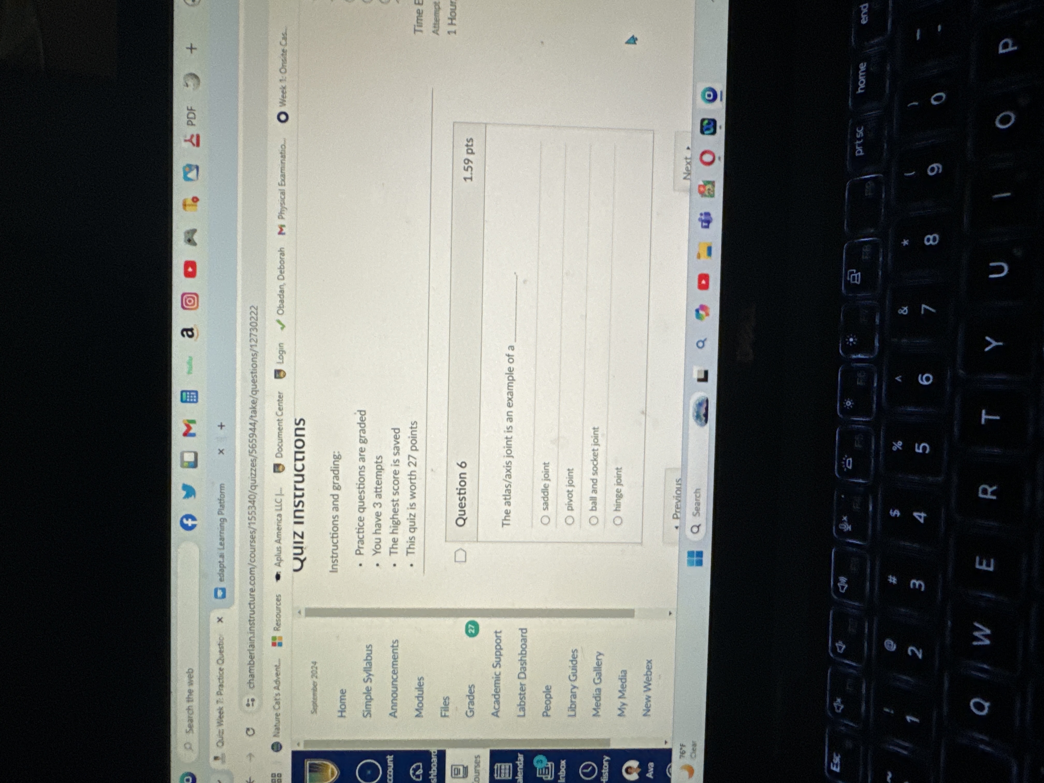 Solved Question 61.59 ﻿ptsThe atlas/axis joint is an example