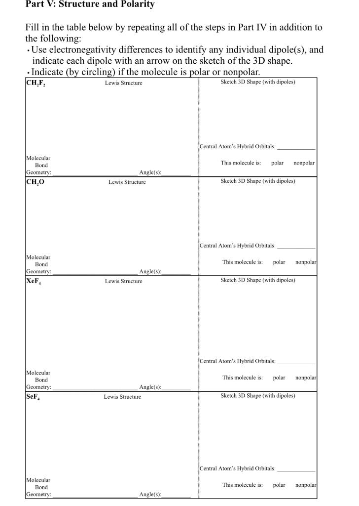 Solved Part Iv Lewis Structures Molecular Geometry And Chegg Com