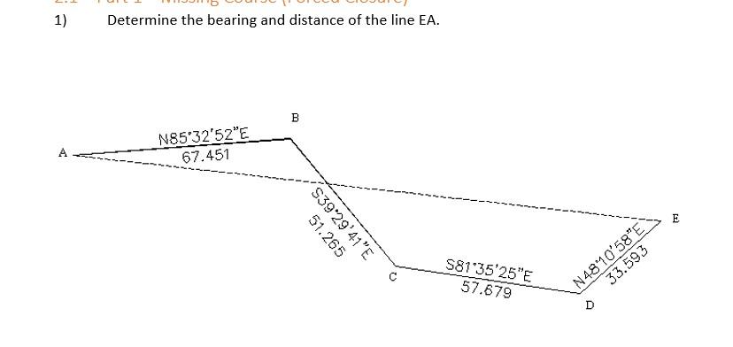 Solved 1) Determine the bearing and distance of the line EA. | Chegg.com