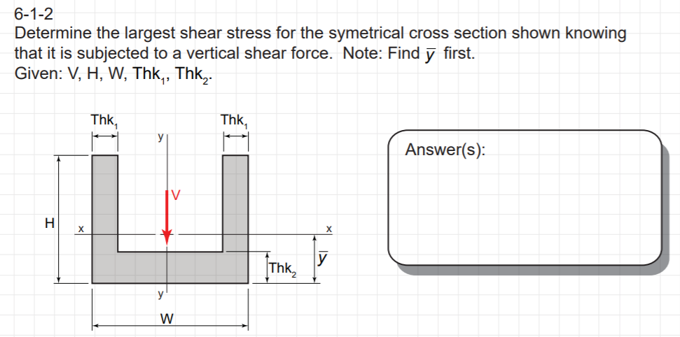 6-1-2 Determine the largest shear stress for the symetrical cross section shown knowing that it is subjected to a vertical sh