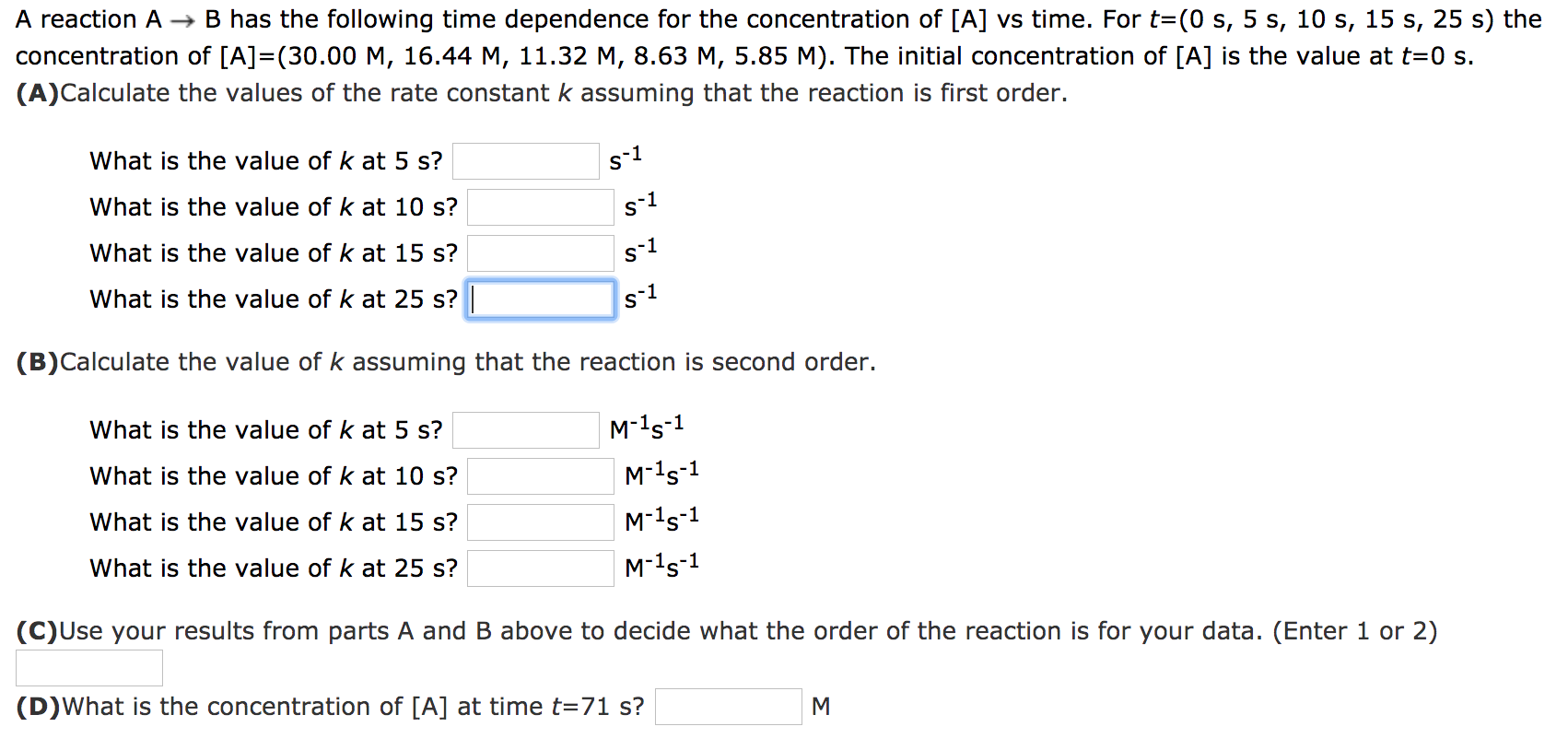 Solved A reaction A → B has the following time dependence | Chegg.com