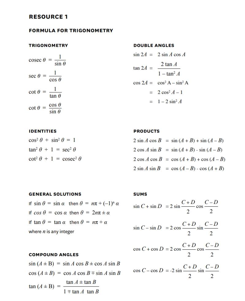 Solved RESOURCE 1 FORMULA FOR TRIGONOMETRY TRIGONOMETRY | Chegg.com