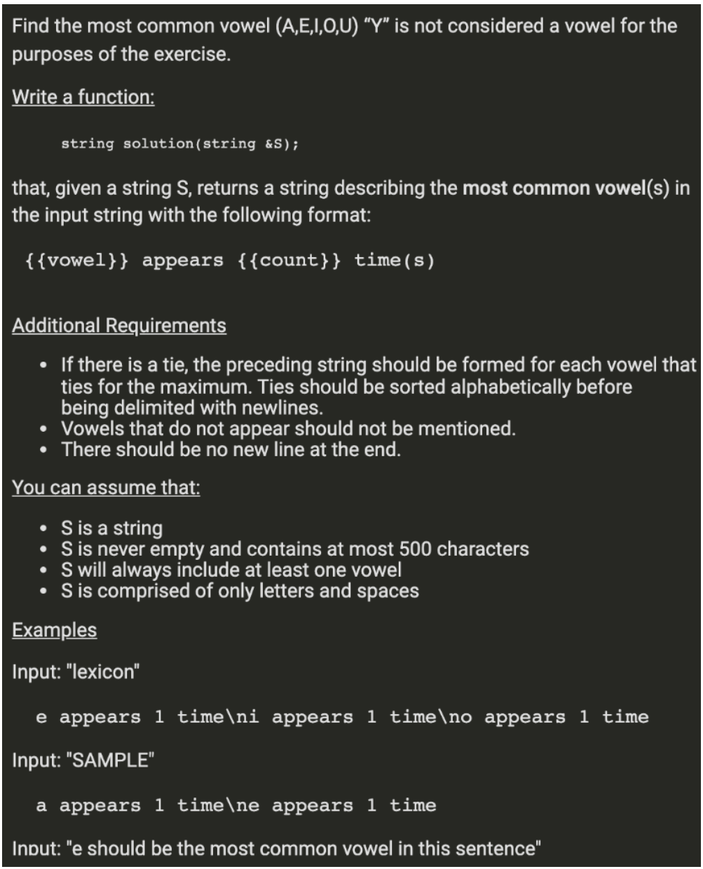 Solved Find the most common vowel (A,E,I,O,U) “Y" is not | Chegg.com