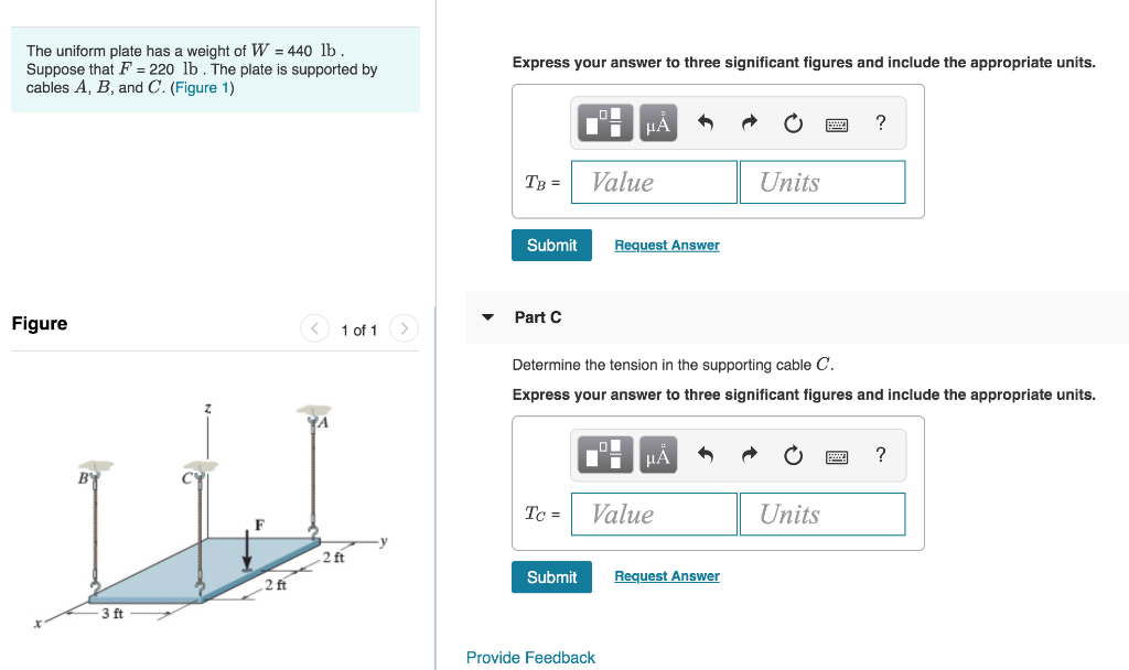 Solved Part A The uniform plate has a weight of W = 440 lb. | Chegg.com