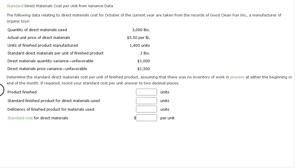 Solved Standard Direct Materials Cost per Unit from Variance