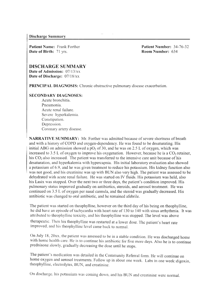 Solved Discharge Summary Patient Name: Frank Forther Date of | Chegg.com