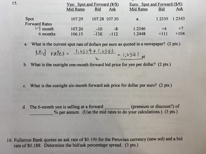 Mid Rate Solved 15. Yen: Spot and Forward Mid Rates Bid Ask Euro: | Chegg.com
