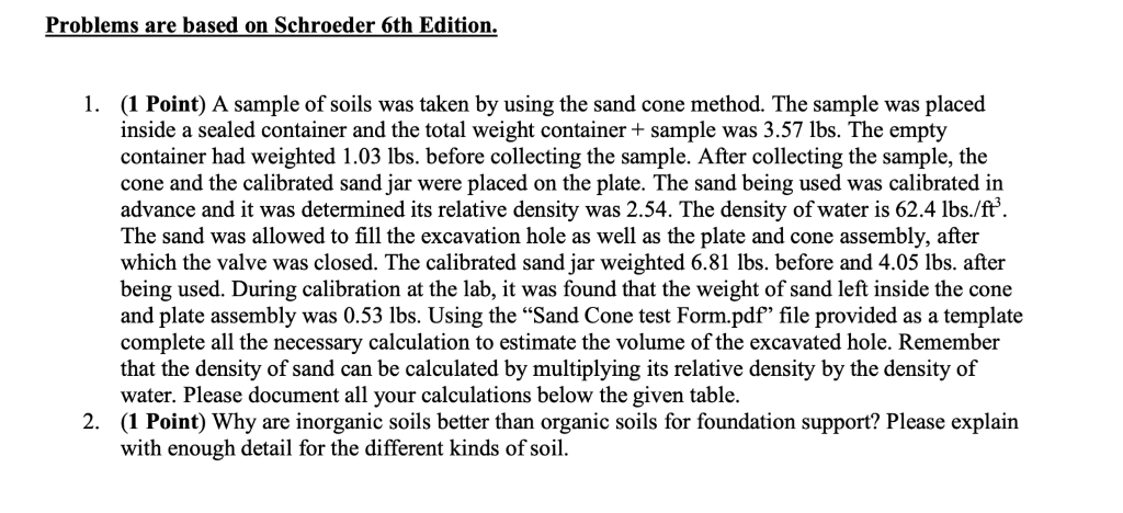 Solved VOLUME OF HOLE - SAND CONE METHOD Test for: Date Test | Chegg.com