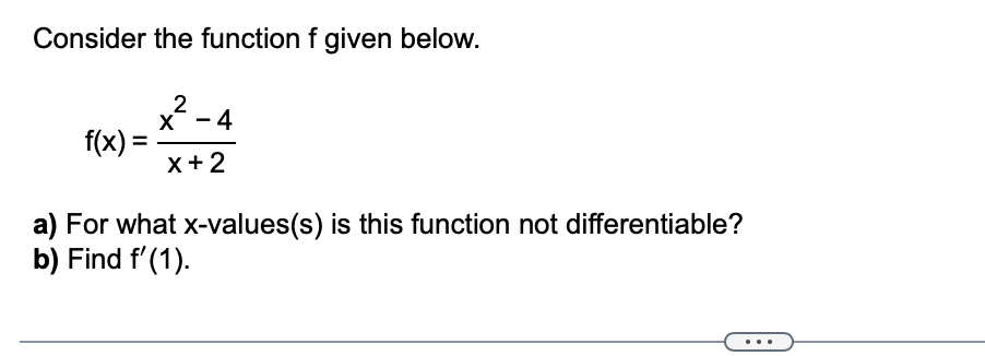 Solved Consider the function f given below. f(x)=x+2x2−4 a) | Chegg.com