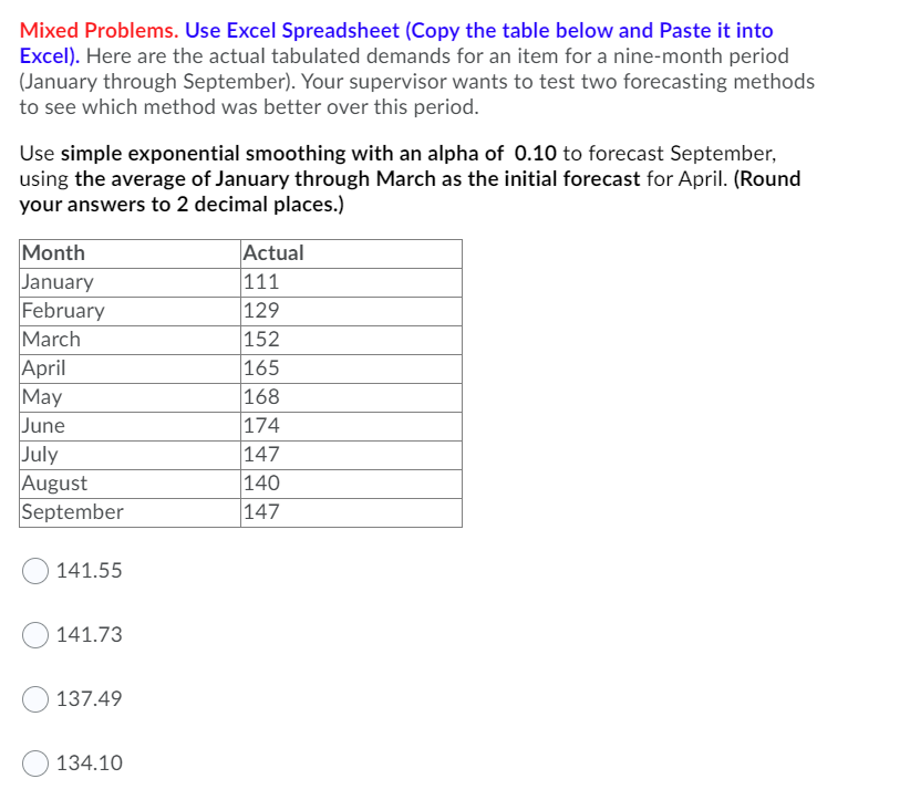 Solved Mixed Problems. Use Excel Spreadsheet (Copy the table | Chegg.com