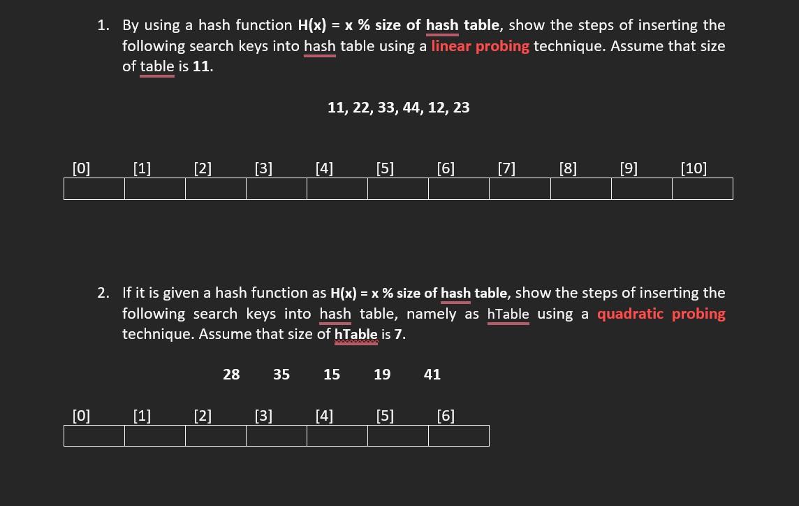 Solved [0] [0] 1. By using a hash function H(x) = x % size | Chegg.com