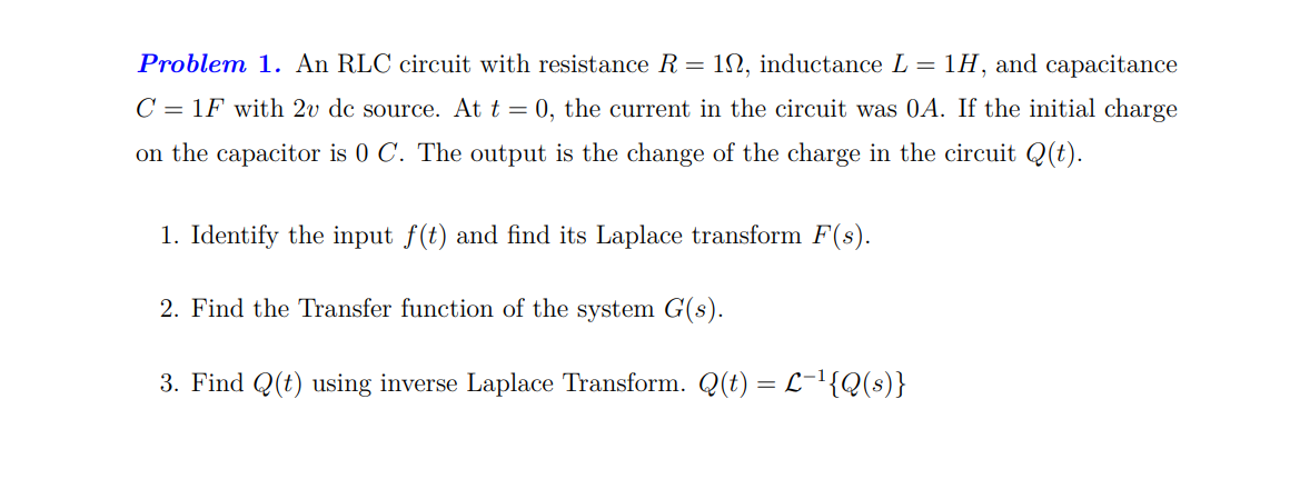 Solved Problem 1. An RLC circuit with resistance R=1Ω, | Chegg.com
