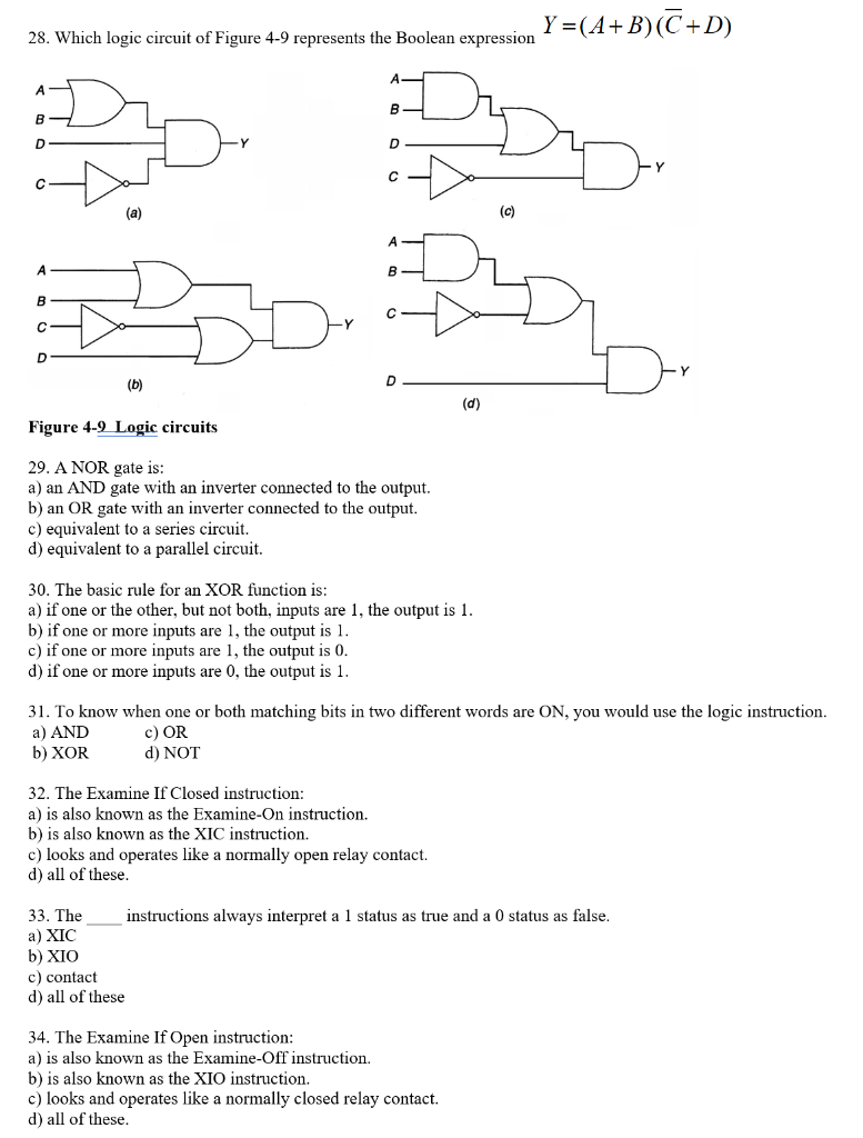 Solved Y =(A+B)(C+D) 28. Which Logic Circuit Of Figure 4-9 | Chegg.com