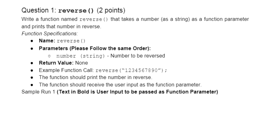 Solved Question 1: reverse() (2 points) Write a function | Chegg.com