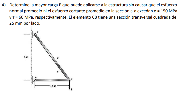 1) Determine la mayor carga P que puede aplicarse a la estructura sin causar que el esfuerzo normal promedio ni el esfuerzo c