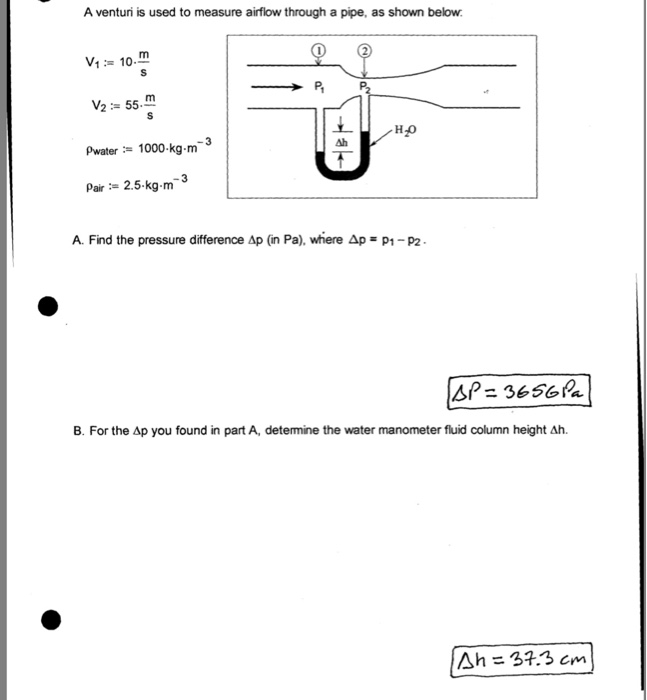 Solved A venturi is used to measure airflow through a pipe, | Chegg.com