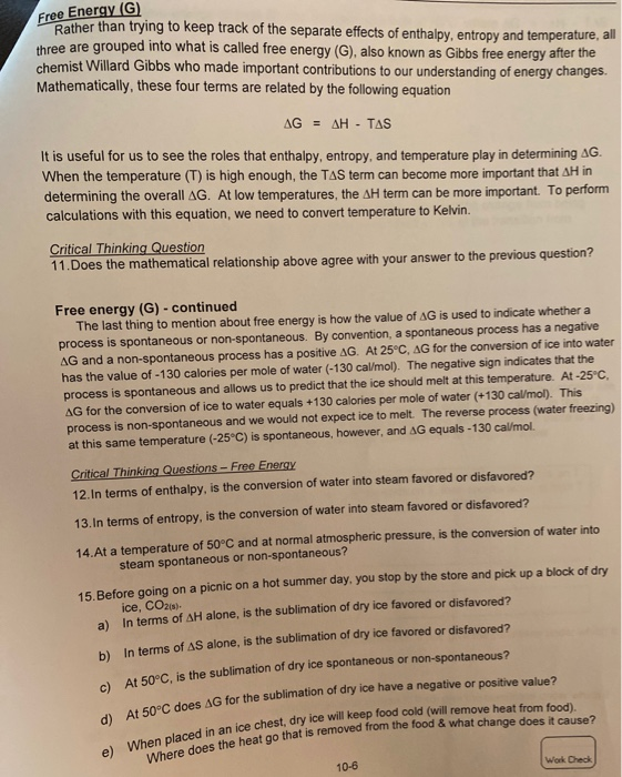 Solved Free Energy (G) Rather than trying to keep track of | Chegg.com
