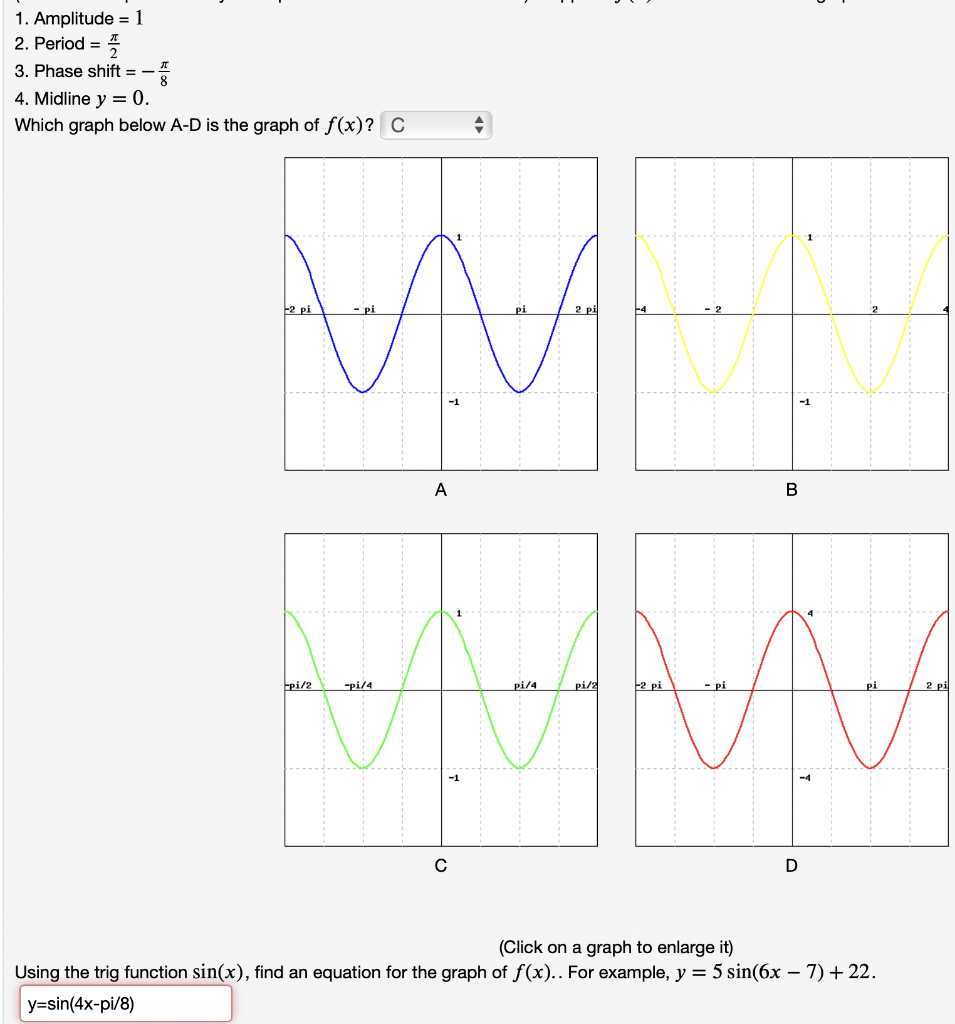 Solved 1. Amplitude =1 2. Period =2π 3. Phase shift =−8π 4. | Chegg.com