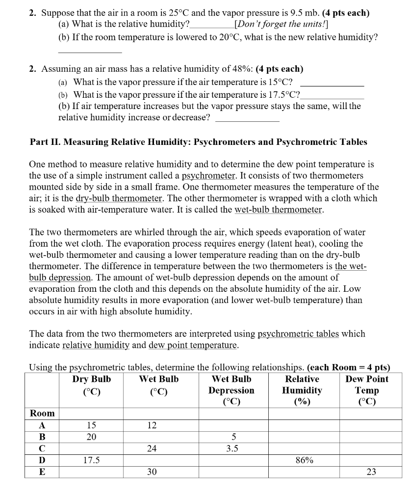 Solved ATMOSPHERIC MOISTURE AND RELATIVE HUMIDITY PURPOSE