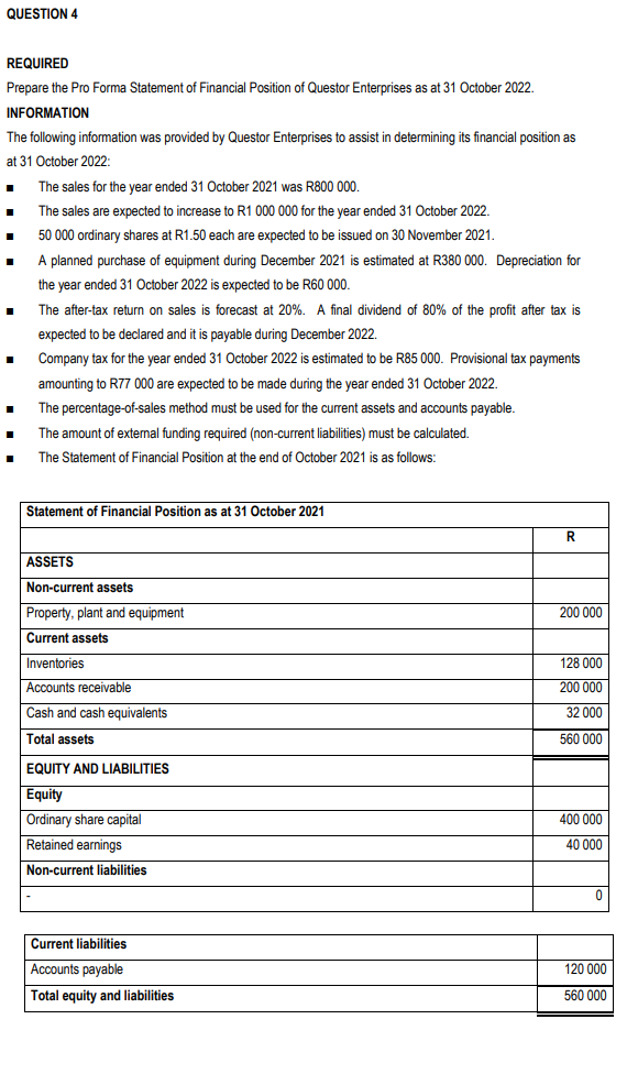 Solved QUESTION 4 REQUIRED Prepare the Pro Forma Statement | Chegg.com