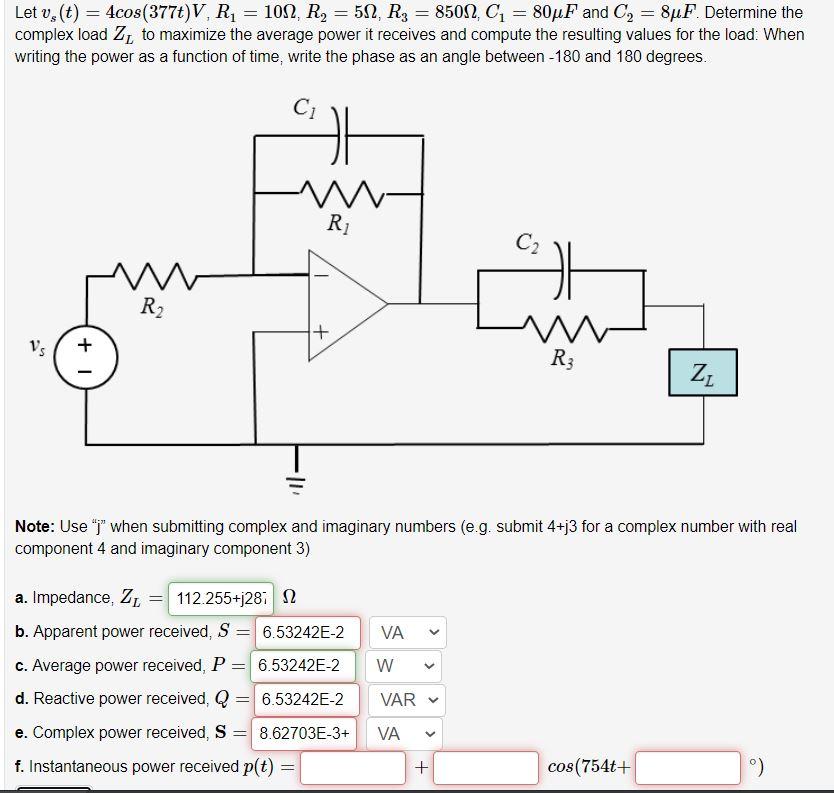 Solved Let vy(t) = 4cos(377t)V, R1 = 1022, R2 = 51, R2 = | Chegg.com