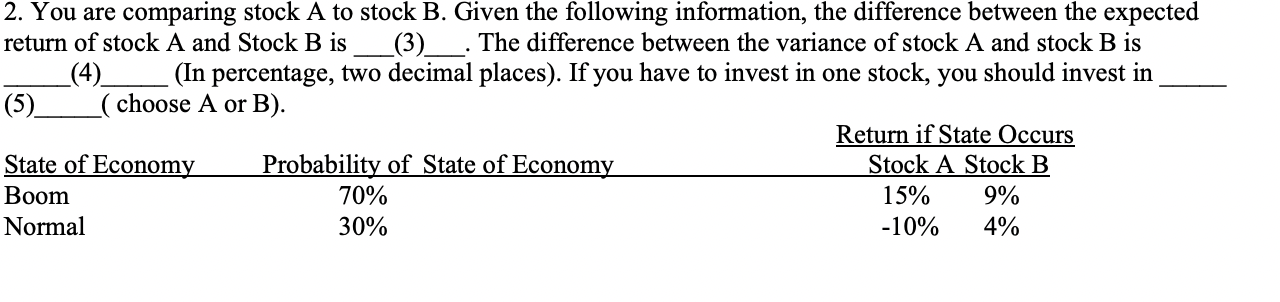 Solved 2. You Are Comparing Stock A To Stock B. Given The | Chegg.com