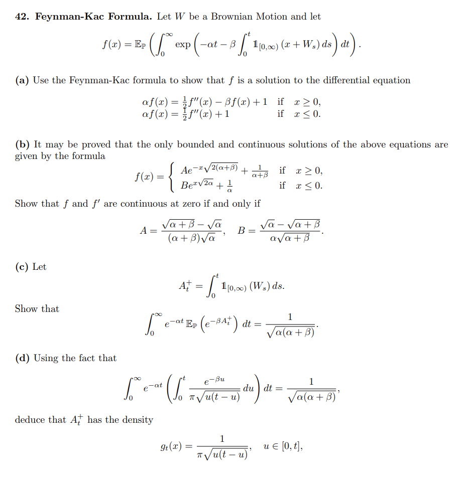 42. Feynman-Kac Formula. Let W be a Brownian Motion | Chegg.com