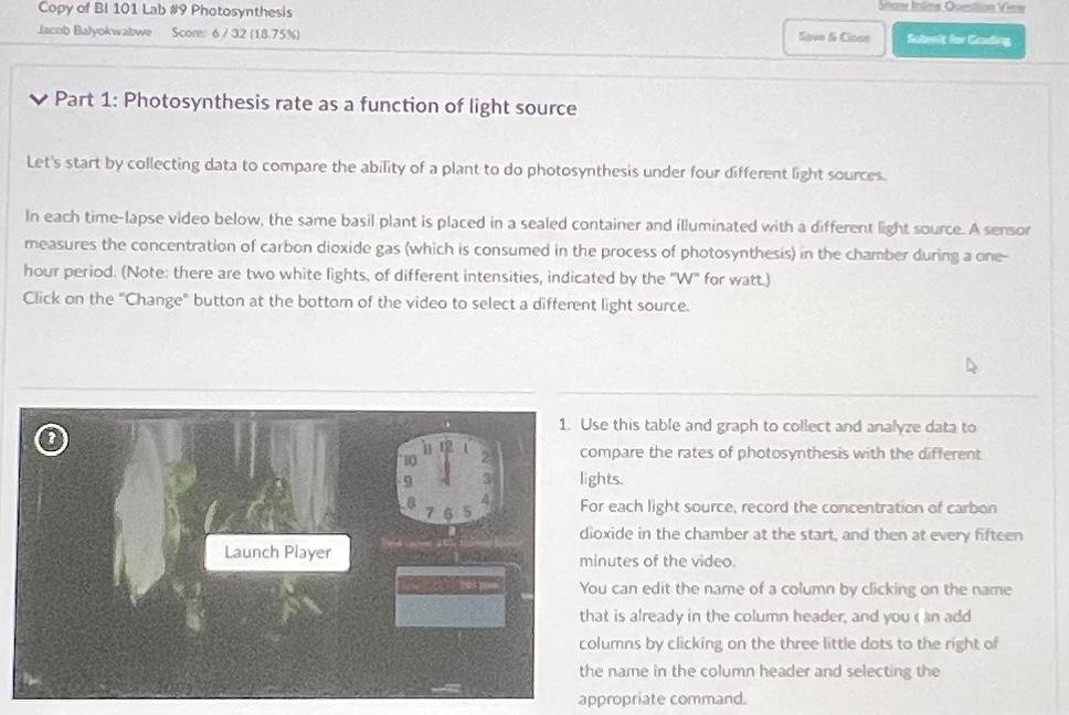Part 1 Photosynthesis rate as a function of light
