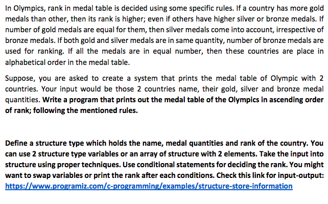 Solved in olympics rank in medal table is decided using chegg