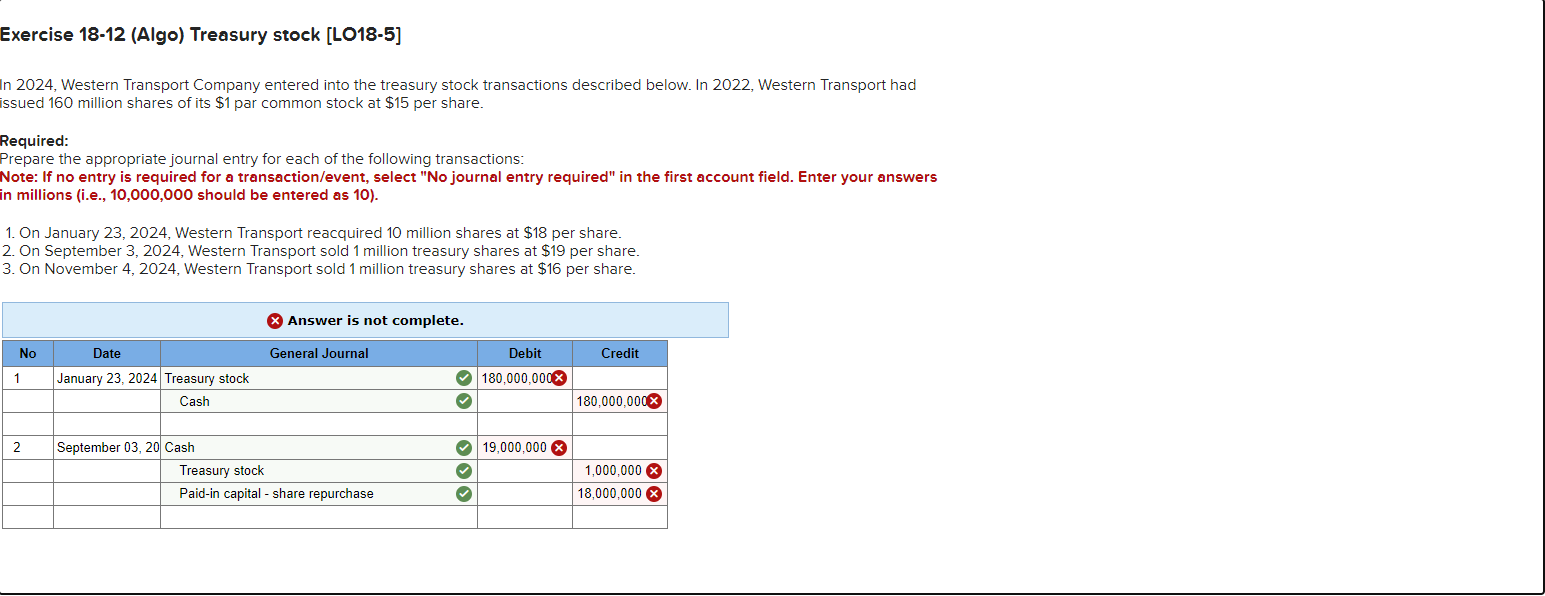 Solved Exercise 18 12 Algo Treasury Stock Lo18 5 In