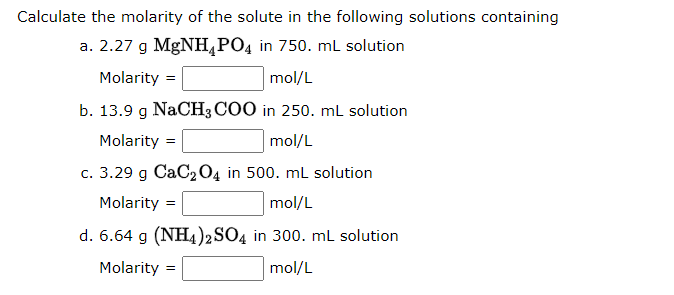 Solved alculate the molarity of the solute in the following | Chegg.com