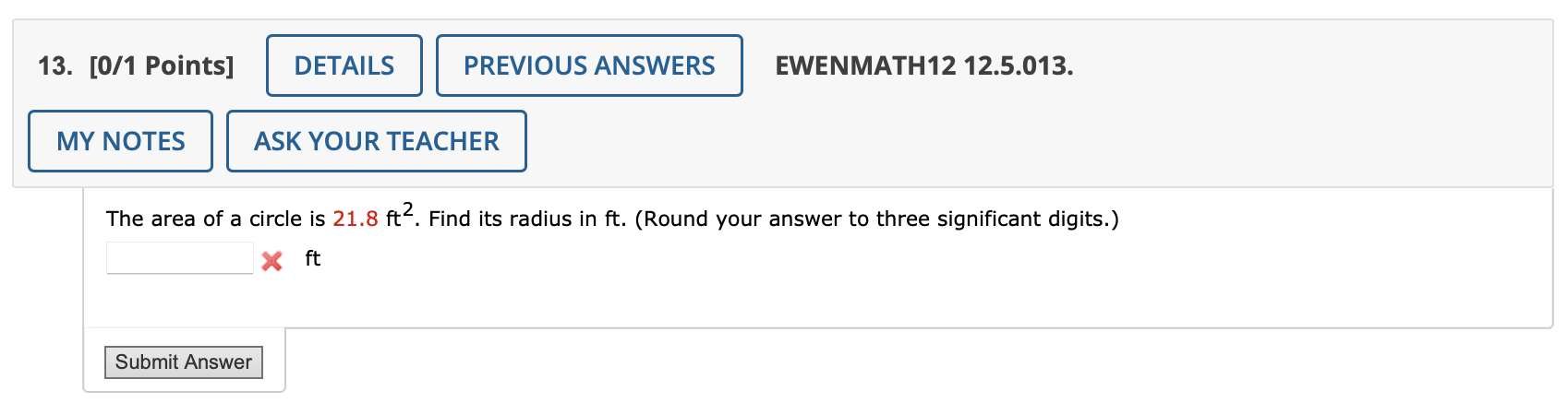 find the area of a circle with a radius of 12 ft