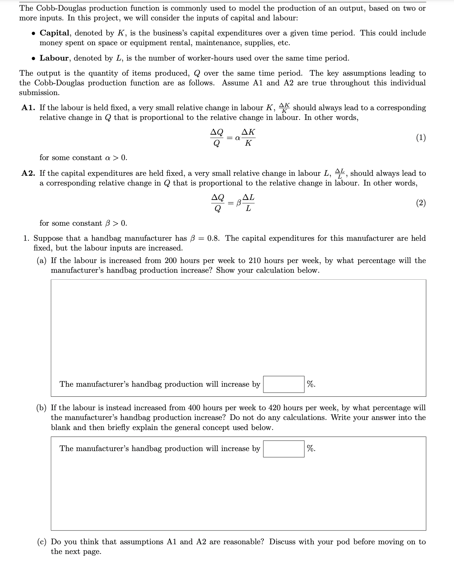 Solved The Cobb-Douglas production function is commonly used | Chegg.com